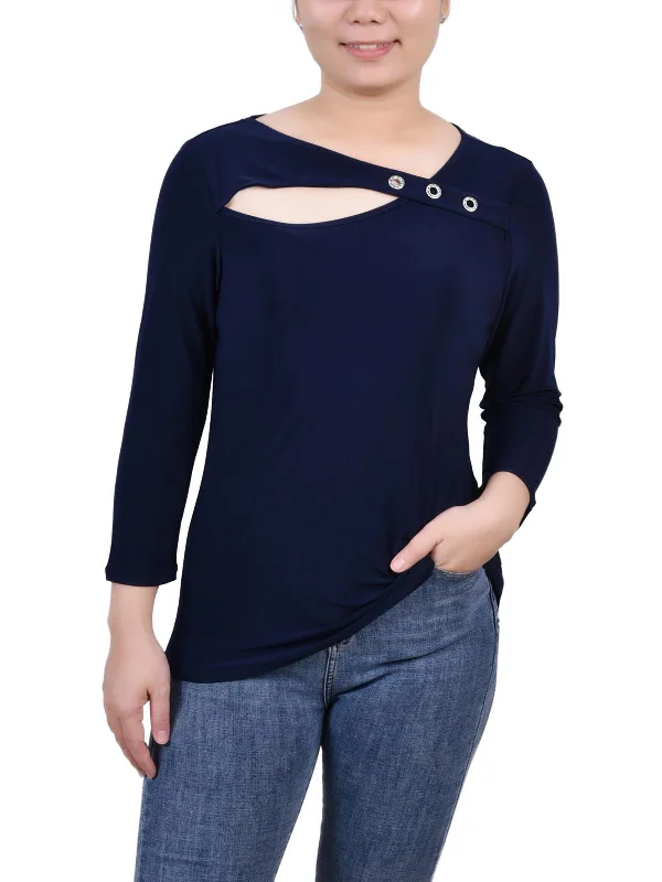 Can't Be Beat Petites Womens Cut-Out Embellished Blouse