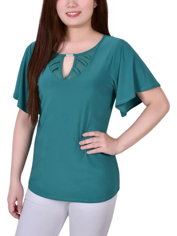 New Arrival Petites Womens Keyhole Boatneck Blouse
