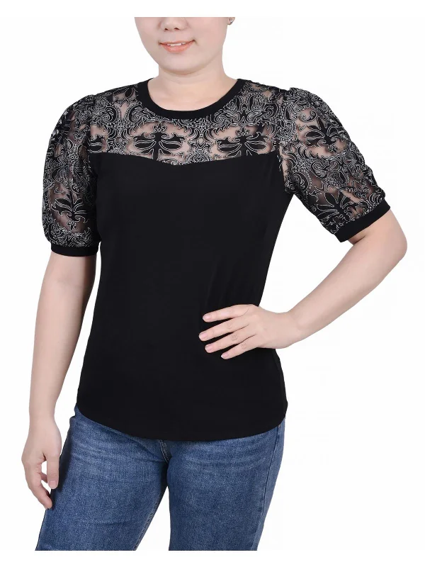 Don't Wait Petites Womens Lace Burnout Blouse