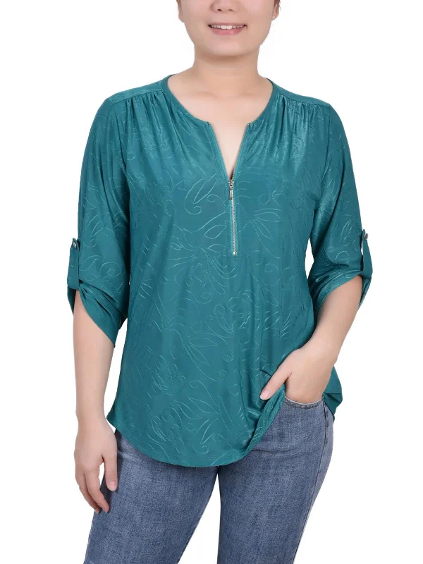 Price Rollback Petites Womens Pattern 1/2 Zip Blouse