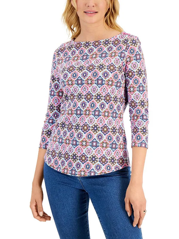 Bargain Blast Petites Womens Pima Cotton Tile Print Blouse