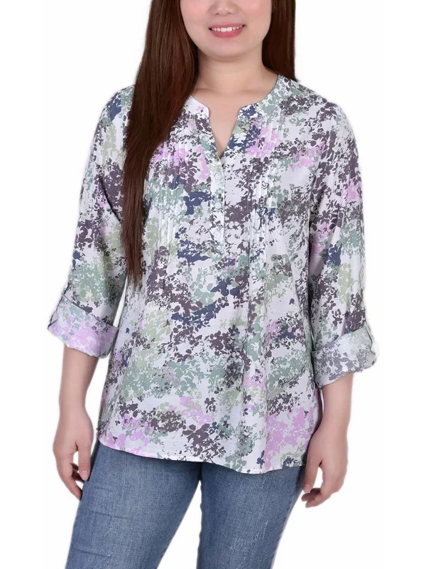 Act Now Petites Womens Printed Pleated Blouse