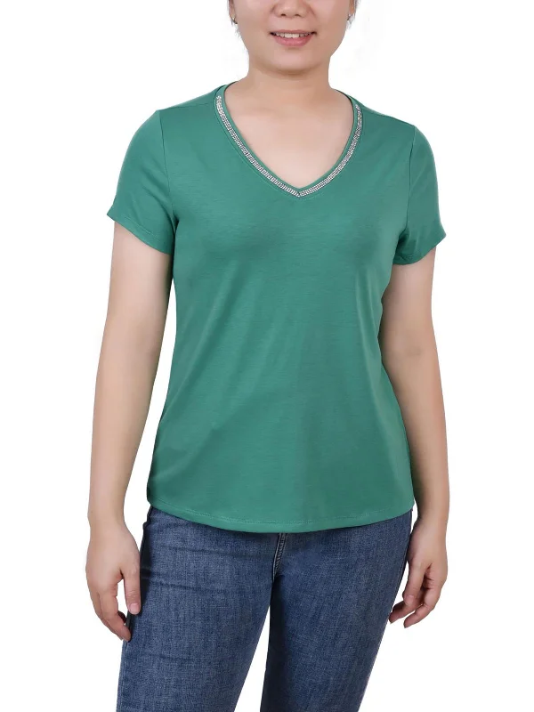 Warehouse Sale Petites Womens Rhinestone Trim Solid Blouse