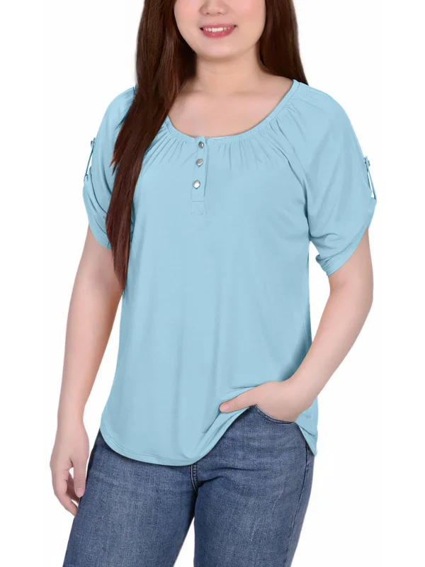 Instant Savings Petites Womens Solid Short Sleeve Blouse