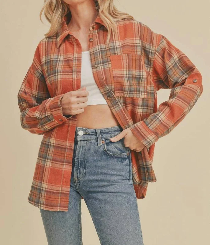 Clearance Event Plaid Button Down Shirt In Rust
