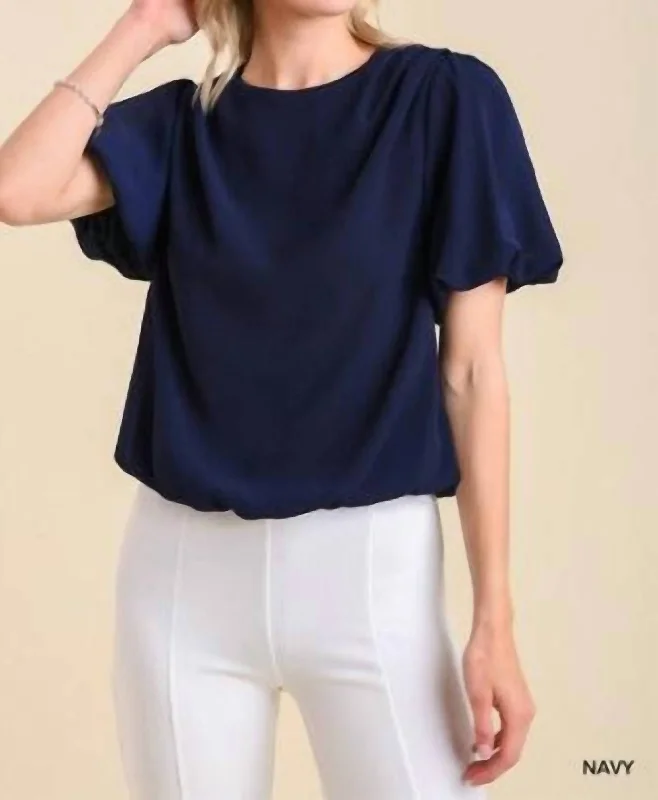 Today Only Pleated Bubble Sleeve Top In Navy