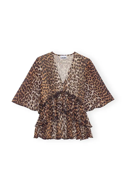 Extra Savings Pleated Georgette V-Neck Flounce Blouse In Almond Milk