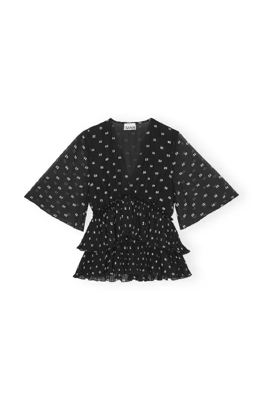 Weekend Deal Pleated Georgette V-Neck Flounce Blouse In Black
