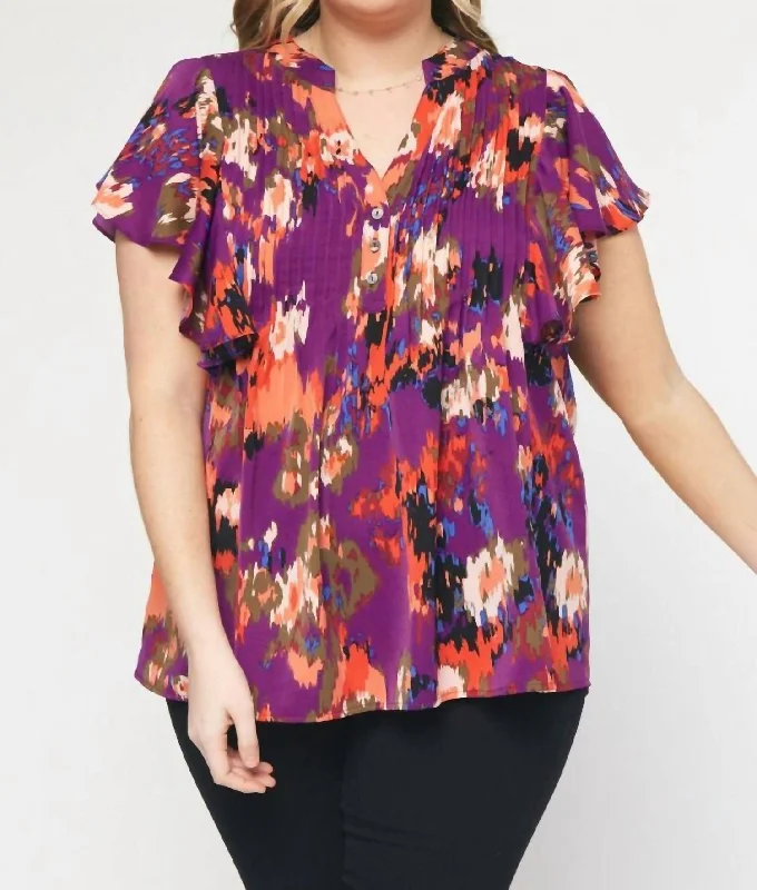 One-DAY Sale Plus Printed Short Sleeve Top In Plum