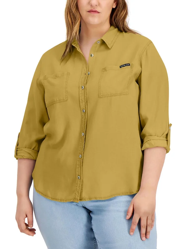 Shop and Save Plus Womens Collar Trendy Button-Down Top