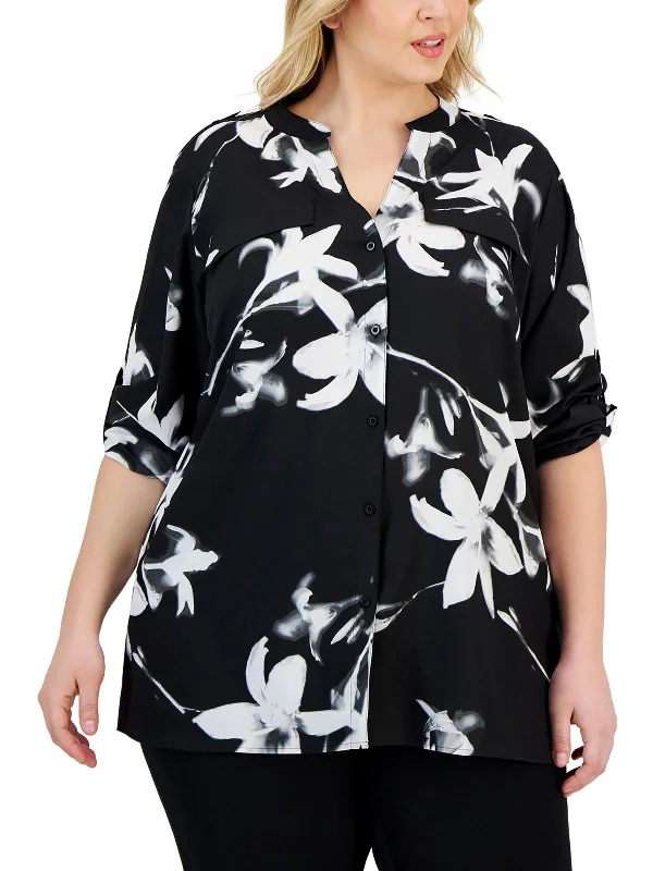 Savings Spectacular Plus Womens Floral Print Sheer Button-Down Top