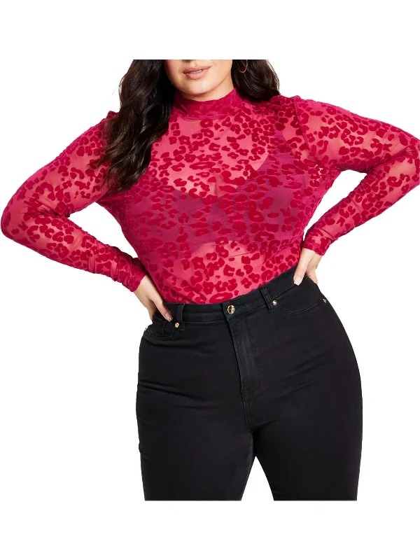 Price Cut Plus Womens Velvet Trim Funnel Neck Pullover Top
