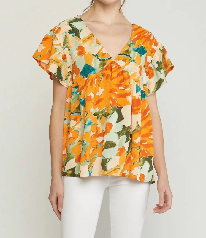 Super Deal Printed Babydoll Top In Orange