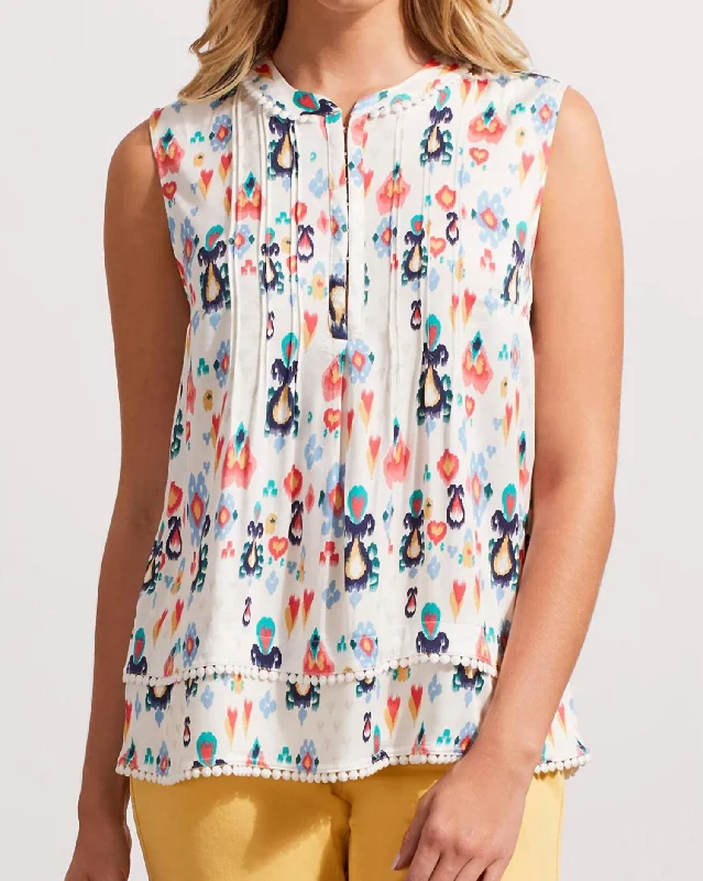 Value Deals Printed Blouse W/ Embroidered Pompom Hem In Emerglem