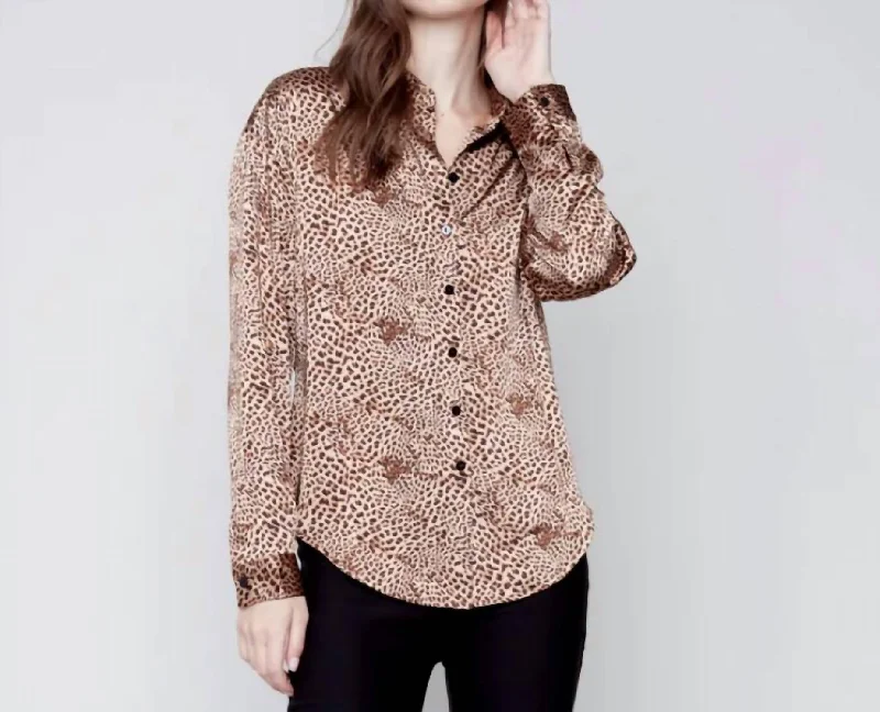 Bargain Bin Printed Gutsy Satin Button Front Shirt In Animal Print