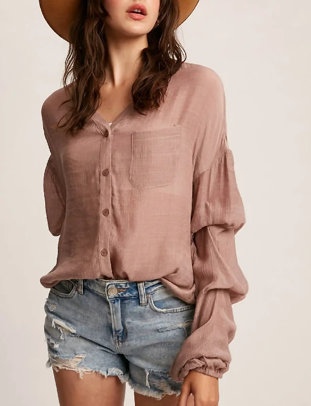 Discount Days Puff Sleeve Button Down Top In Mauve