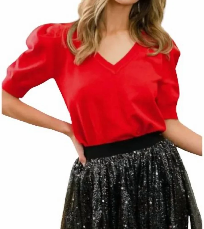 New Markdowns Puff Sleeve V-Neck Top In Red