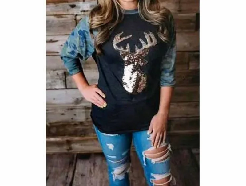Season Finale Sale Raglan With Gold Sequin Deer Head Tee In Camo