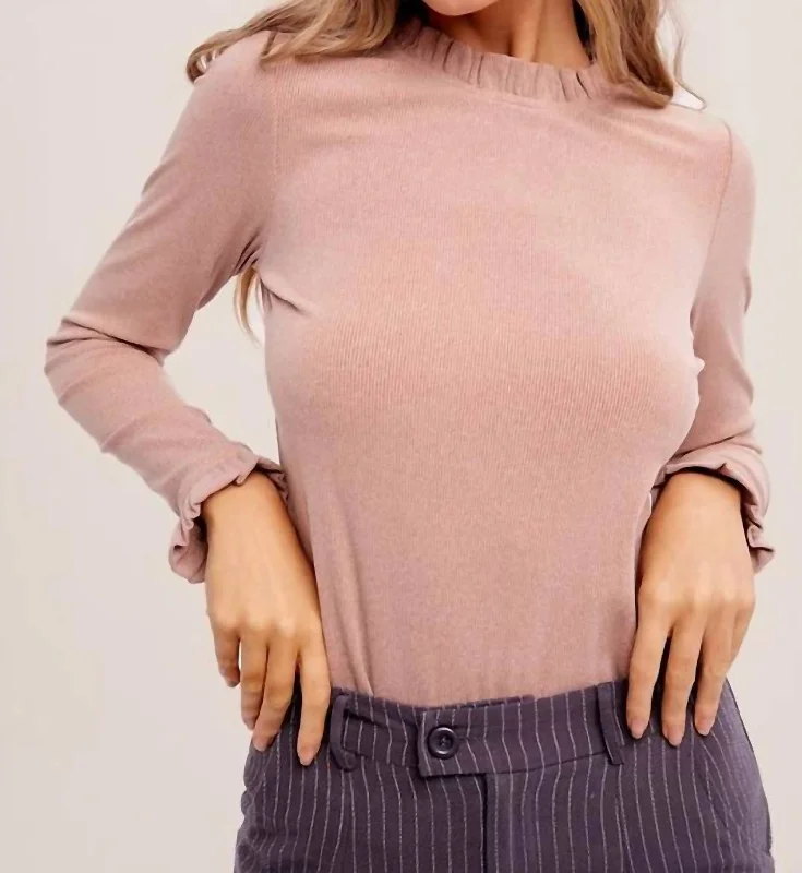 Price Buster Ribbed Knit Long Sleeve Ruffle Top - Blush