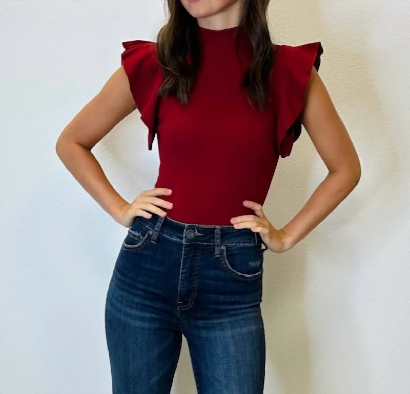 Act Fast Ribbed Mock Neck Bodysuit In Burgundy