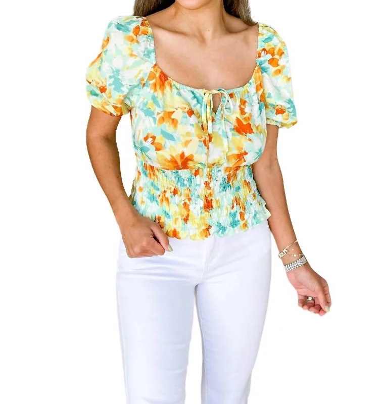 Time-Limited Offer River Smocked Top In Green/orange