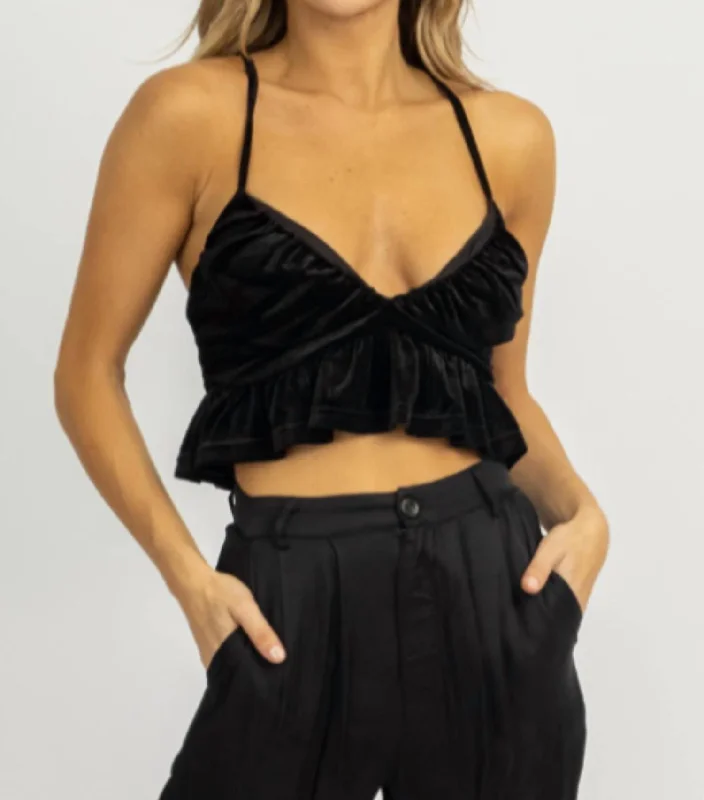 Final Clearance Ruched Cropped Top In Black Velvet