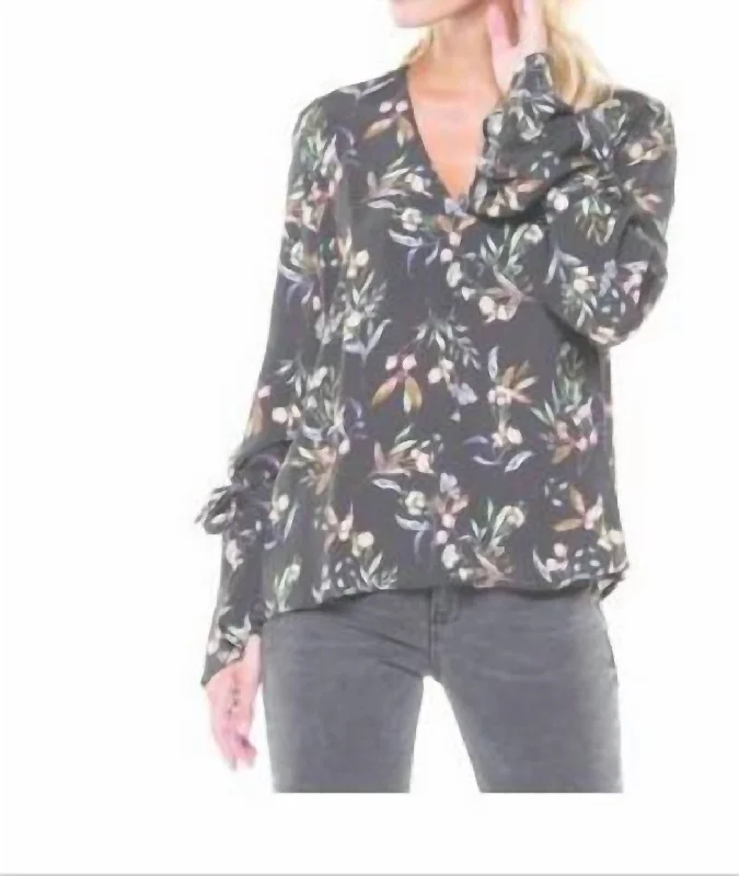 Don't Miss Rustic Print Self Tie At Cuff Shirt In Grey