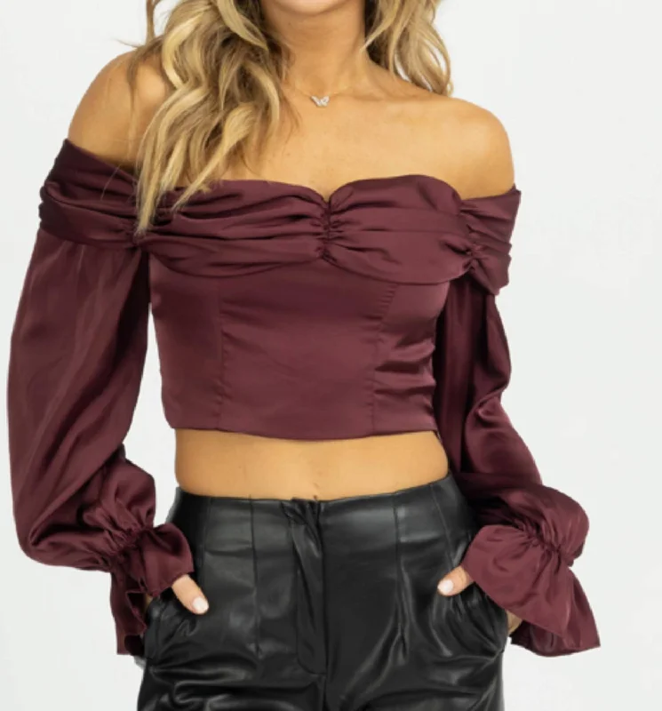 Closeout Satin Off Shoulder Blouse In Burgundy