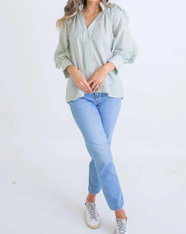 Online Only Seersucker Striped Ruffled Top In Green
