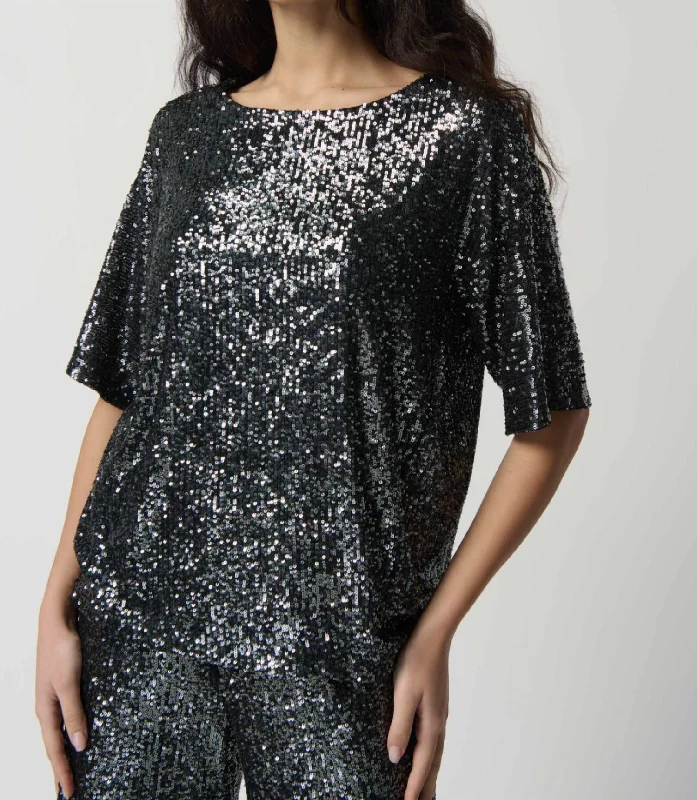 Take Advantage Sequin Dolman Sleeve Boxy Top In Black Grey
