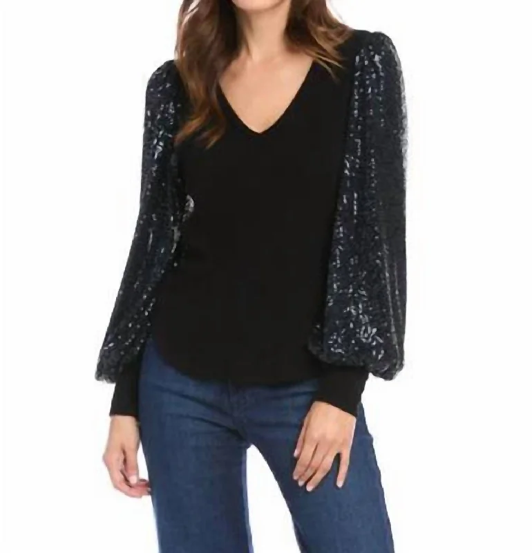 Customer Appreciation Sale Sequin Sleeve Top In Black/navy