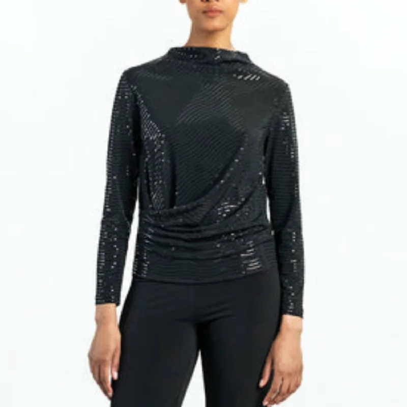 Super Sale Shimmer Embellished - High Boat Neck Side Draped Top In Black
