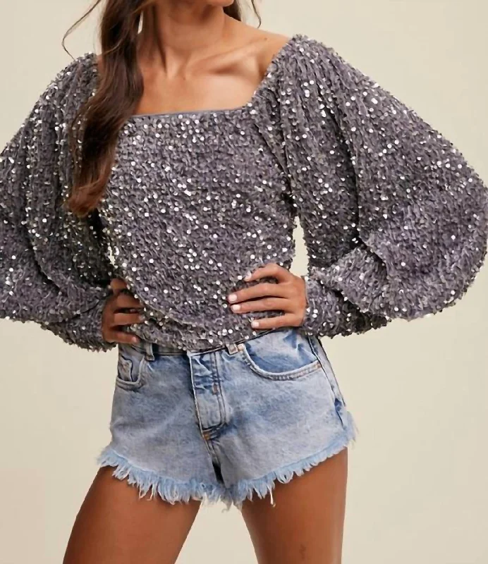 Special Savings Silver Sequin Velvet Long Puff Sleeve Top