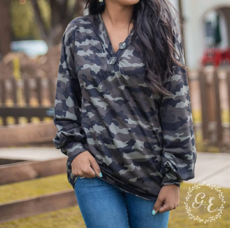 Clearance Event Since You Been Gone Pullover With Balloon Longsleeves And Buttons Top In Camouflage