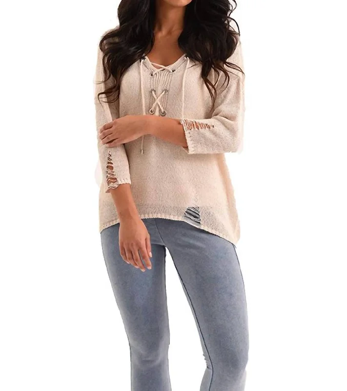 Doorbuster Deal Sloane Crochet Raw Cut Tie Top In Beige