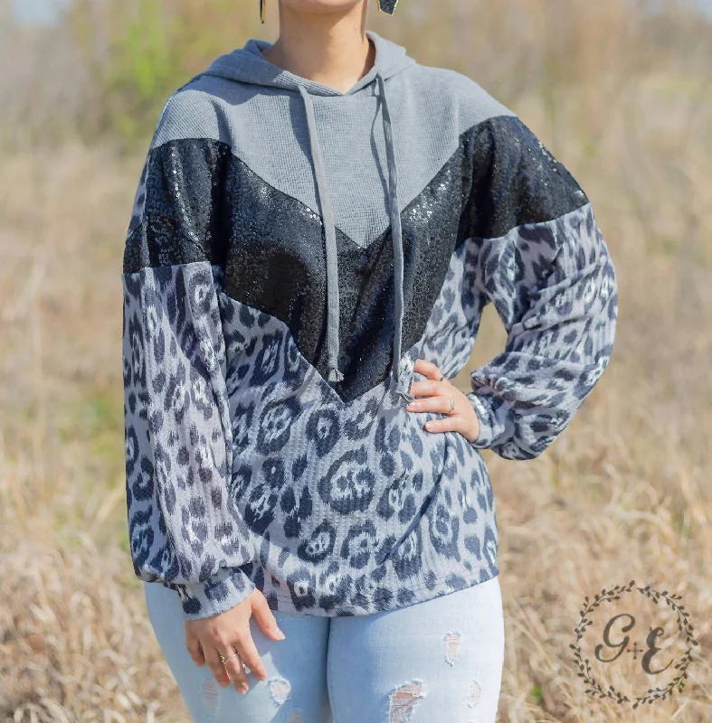 Limited Stock Smokey Leopard Pullover Hoodie With Balloon Sleeve In Grey