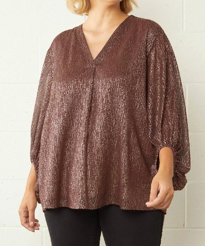 Season Finale Sale Speckled Bubble Sleeve Top - Plus In Brown & Gold