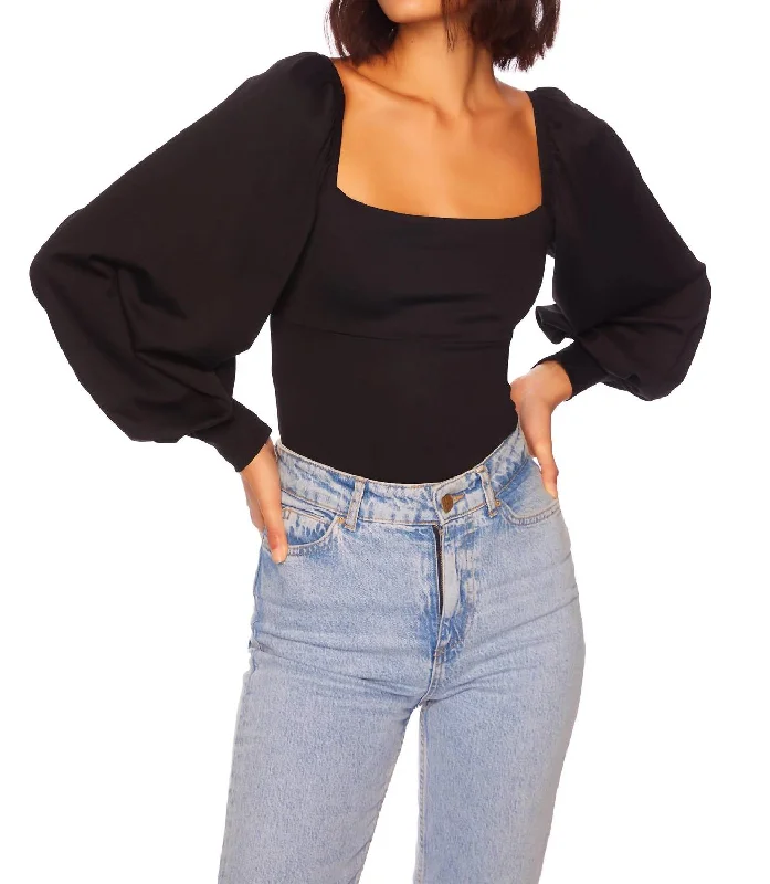Don't Wait Square Neck Gathered Sleeve Top In Black