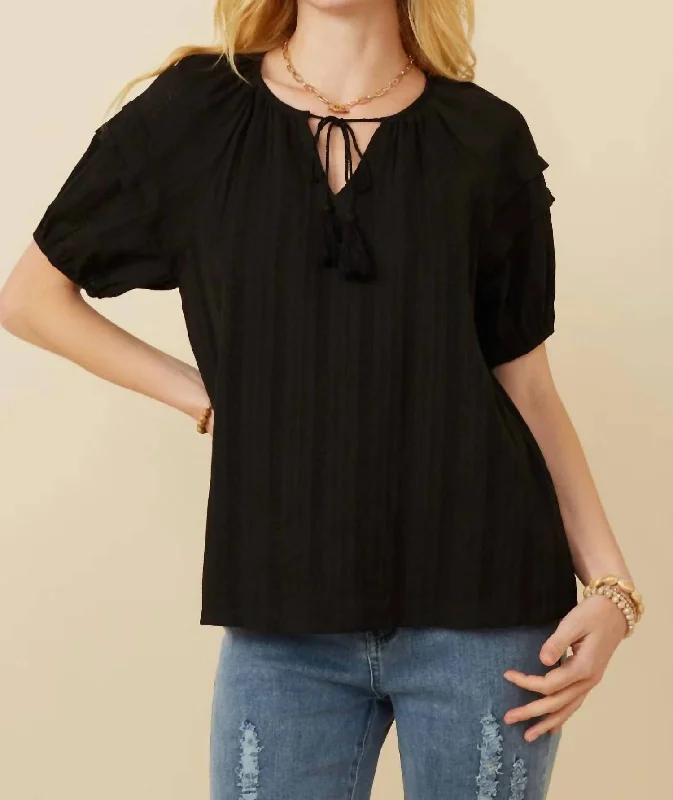 Limited Time Tasseled Pleated Sleeve Crochet Textured Top In Black