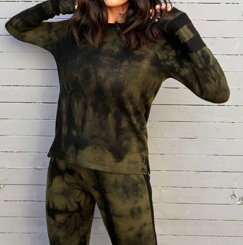 Super Savings Tie Dye Crew Top With Stripe In Army