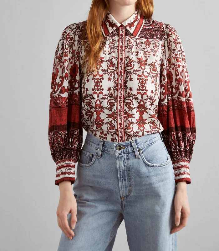 Exclusive Savings Tiffie Rose Fatal Attraction Drama Sleeve Button Down Blouse In White/red