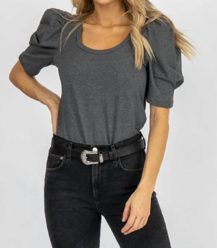 Hurry In U-Neck Pleated Puff Top In Charcoal