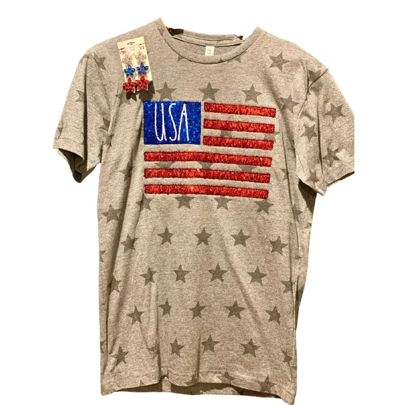 Deal Dash Unisex Usa Patriotic Sequin Flag Sewn Tee In Heather Grey