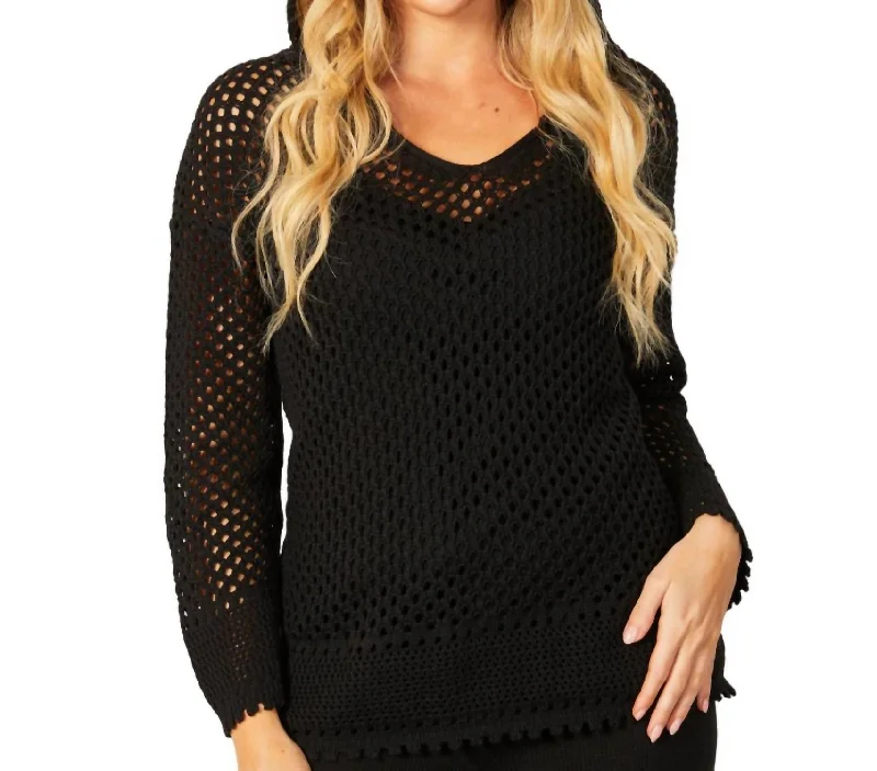Lowest Price V-Neck Crochet Hoodie In Black