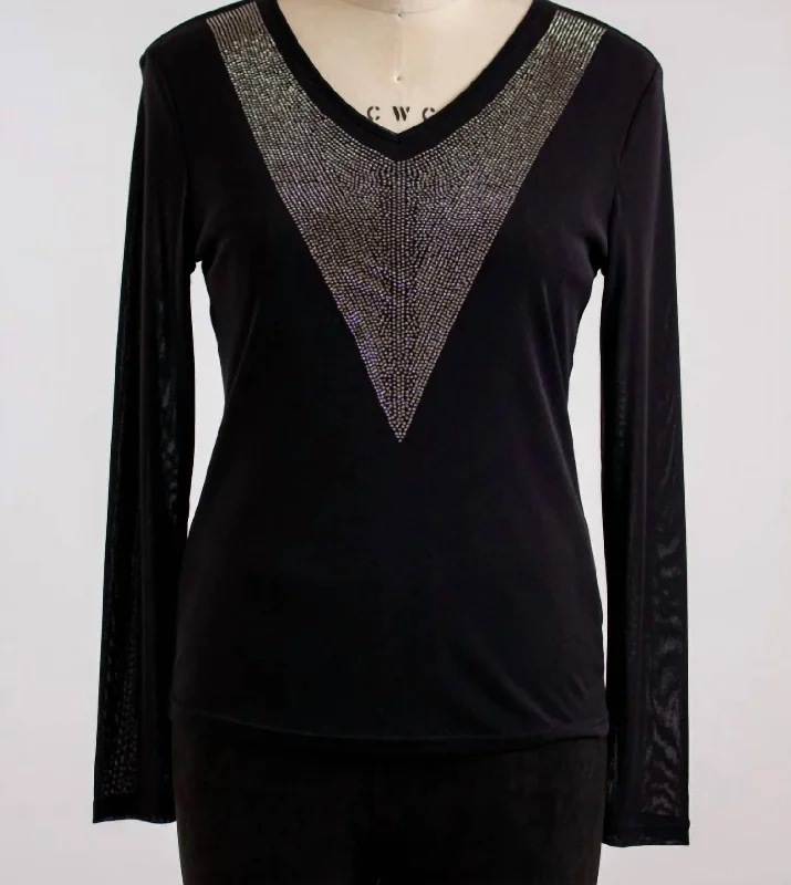 New Markdowns V Neck Top With Rhinestone In Black