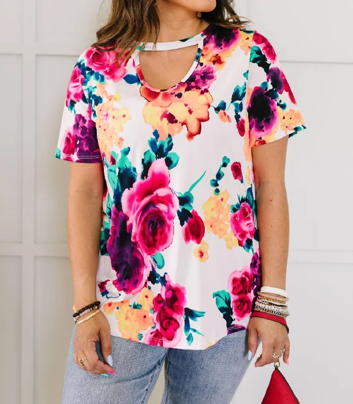 Price Reduction Watercolor Flowers Keyhole Top In Ivory