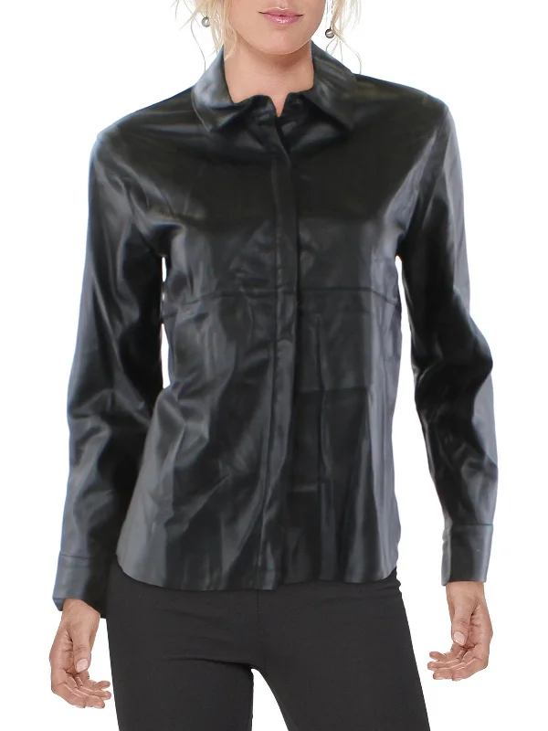 Price Buster Womens Faux Leather Collar Button-Down Top
