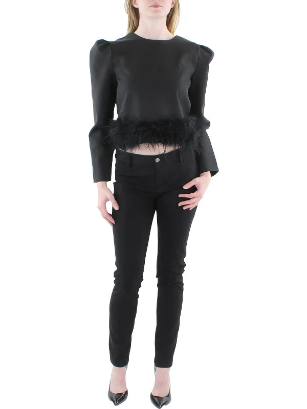 Savings Spectacular Womens Feather Trim Long Sleeve Cropped