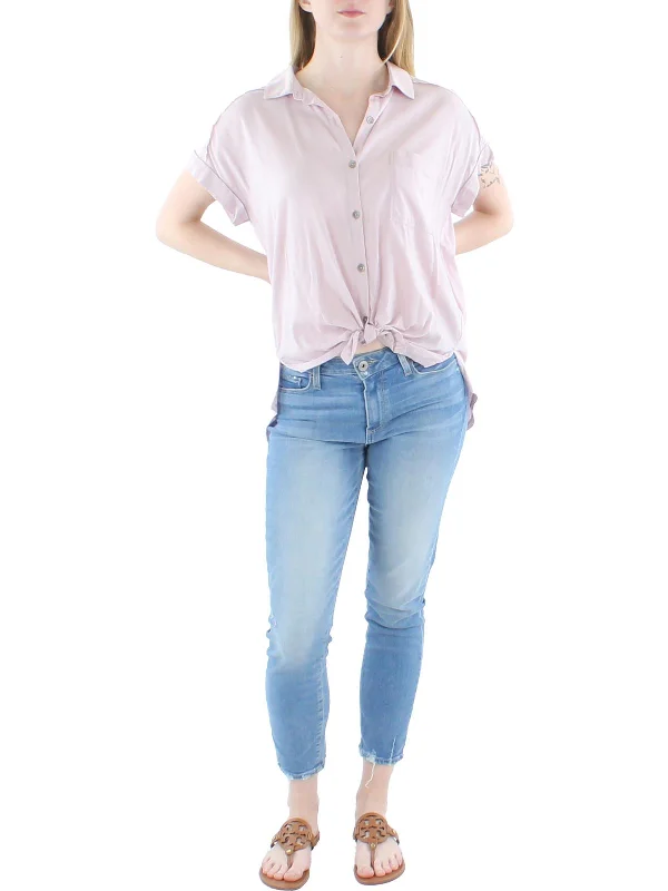 Savings Spectacular Womens High Low Collared Button-Down Top
