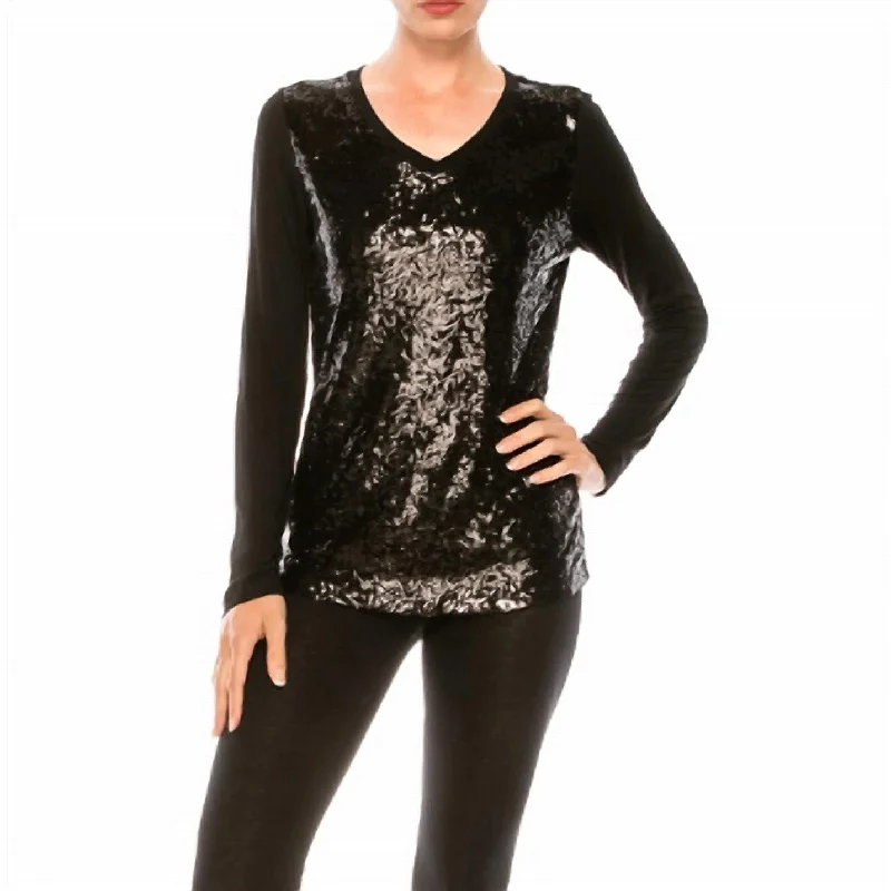 Limited Stock Women's Long Sleeve Sequin T-Shirt Top In Black